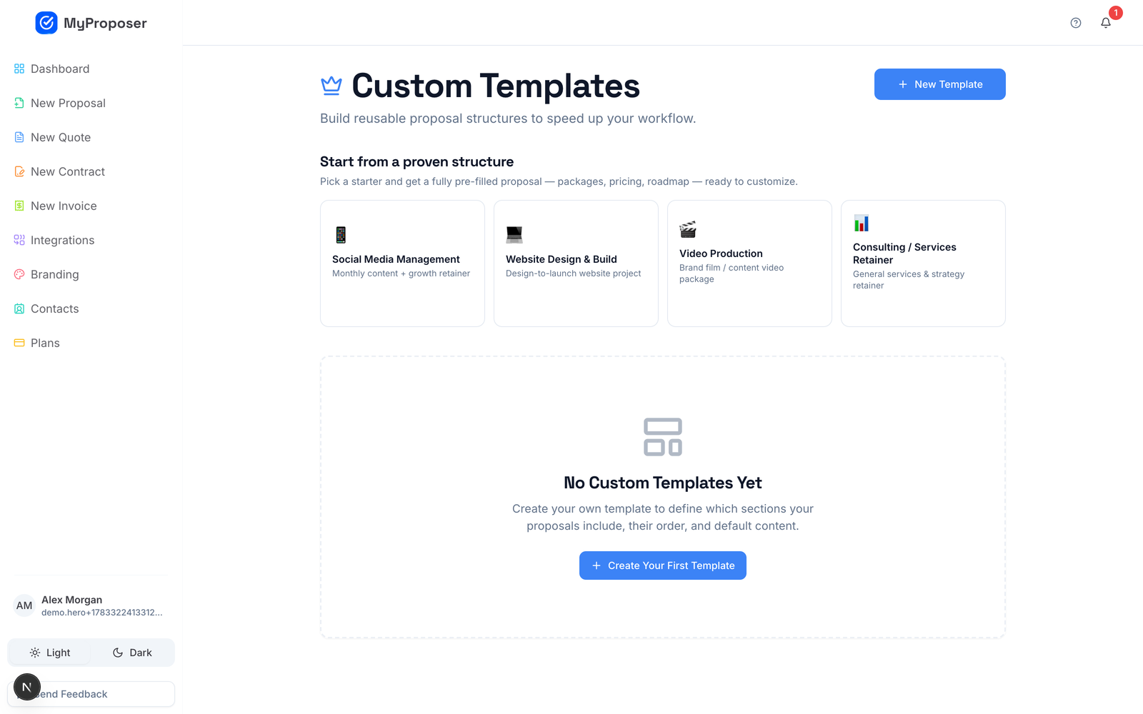 The MyProposer template gallery, part of the Pro toolkit